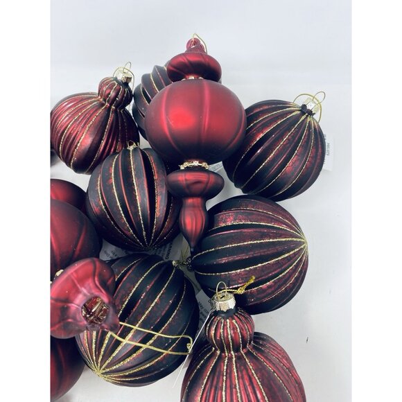 Lot Of 13 Burgundy Red & Gold Glitter Finial And Round Christmas Tree Ornaments - Picture 2 of 16